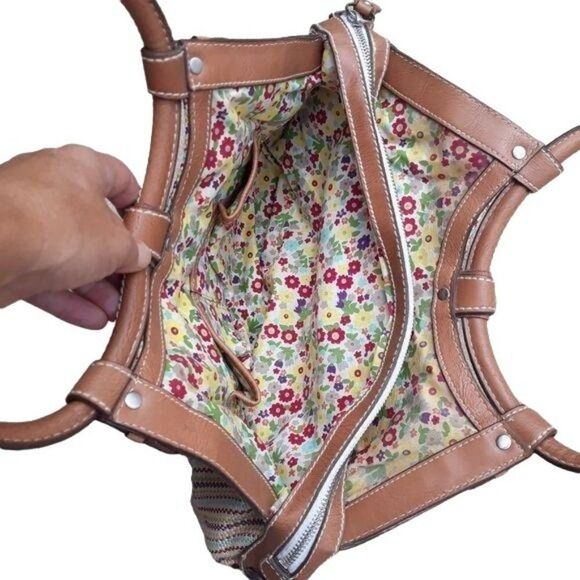 Fossil Bucket Bag Tote Boho Retro Rainbow Striped Tapestry Round Top Handle Sz L - Picture 10 of 14